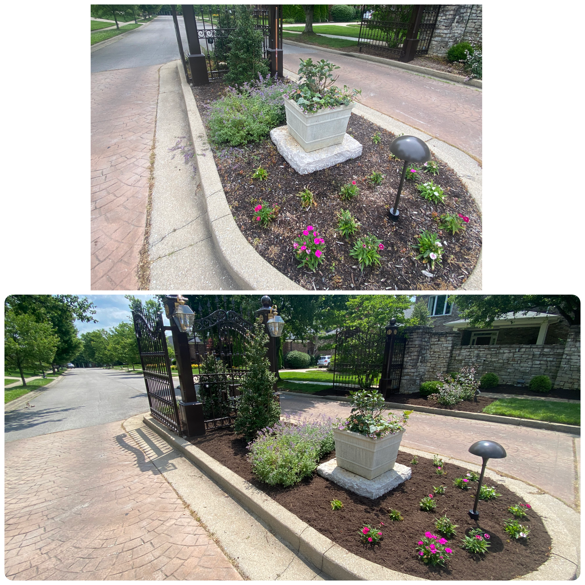 Gated entry planter bed before and after