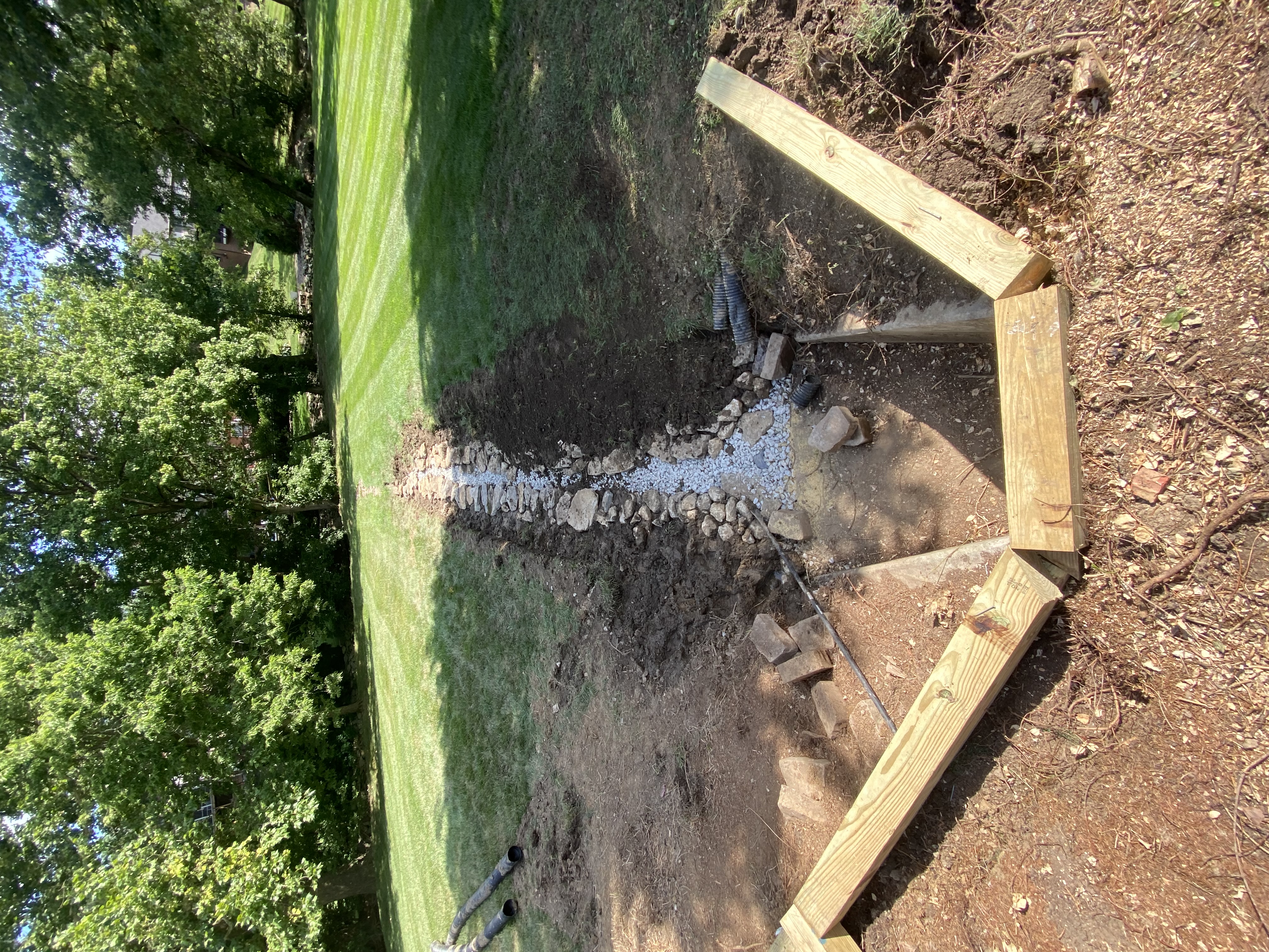 Yard drainage installation — french drain and rock channel