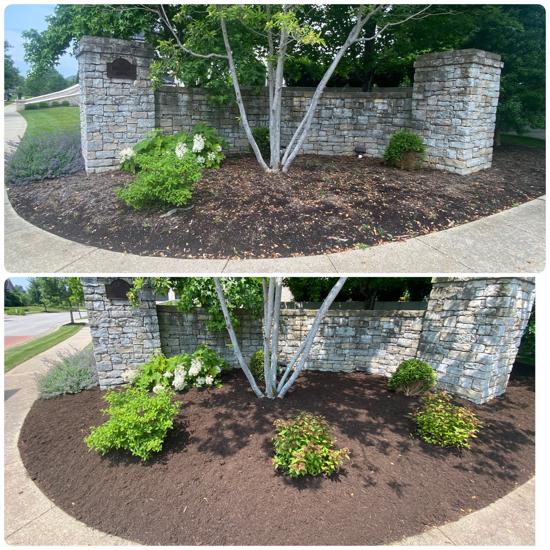 Stone entrance landscaping before and after — Redbird Lawn & Landscape